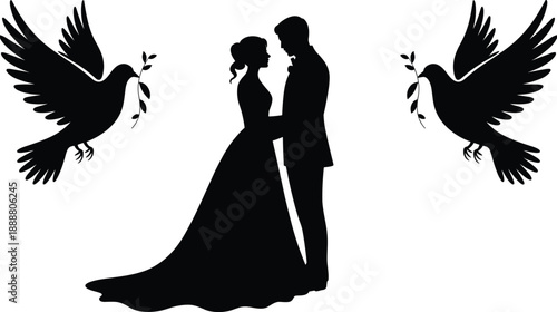 love, wedding, couple, silhouette, bride, groom, doves, romance, marriage, union, peace, elegance, vector, illustration, black, 