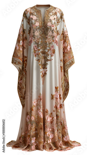 Elegant Floral Embellished Kaftan Dress with Intricate Detail and Flowing Silhouette