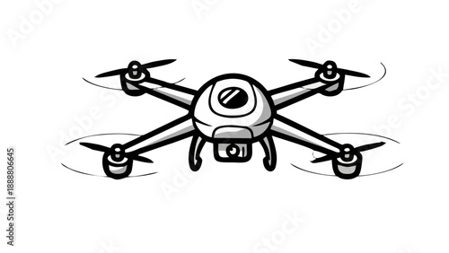 Black and White Sketch Illustration of a Flying Quadcopter Drone with Camera