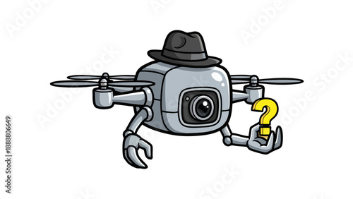 Cartoon Spy Drone with Question Mark Mystery Technology Concept Isolated on White