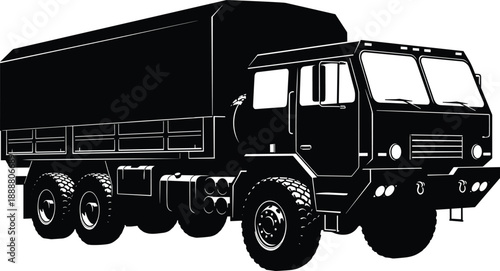 Heavy Duty Military Cargo Truck Illustration with Covered Bed, Tactical Transport Vehicle in Black and White Silhouette Style