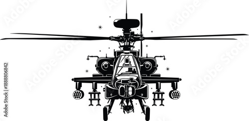 Modern Attack Helicopter Front View Illustration with Missiles and Radar System, Military Combat Aircraft in Black and White Style