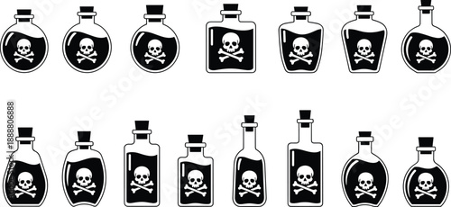 Poison Bottle Icon Set with Skull and Crossbones Symbols, Toxic Potion Collection in Black and White Vintage Style