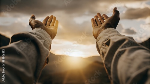Hands raised in praise with beautiful sunset background