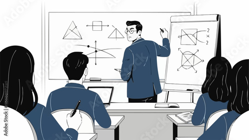 Teacher explaining geometry on whiteboard to students in classroom.