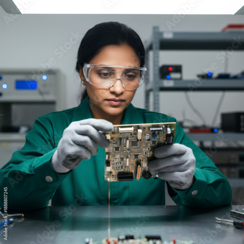 Indian woman engineer in safety glasses analyzing computer motherboard. Factory assembly and repair of electronic components and circuit boards.