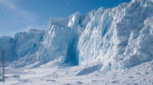 A large ice wall with a blue hole in it