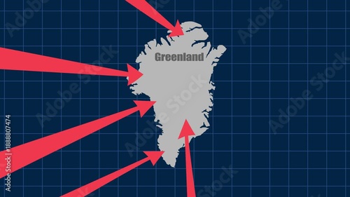 Close up of Greenland map with red arrow indicating travel destination or climate change