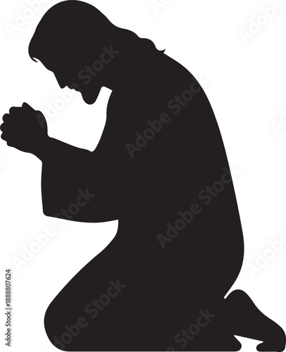 Figure kneeling in prayer vector silhouette illustration devotion faith spiritual submission religious line art