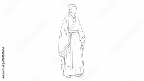 Traditional Chinese Man in Hanfu Clothing Line Art.