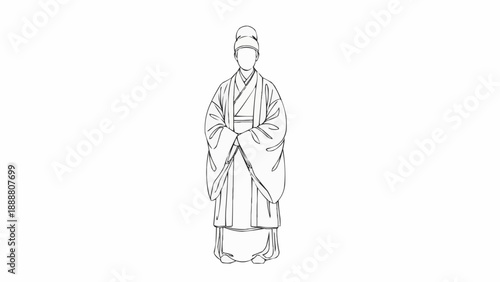 Traditional Japanese Kimono Illustration Line Art.