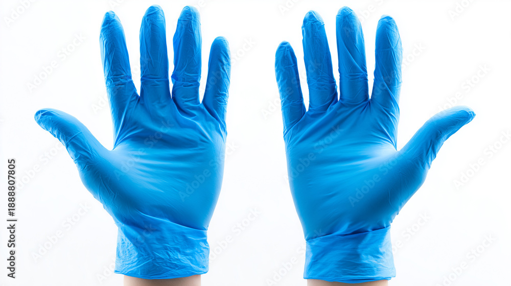 Obraz premium A high-quality studio shot of a pair of hands wearing bright blue nitrile medical gloves, isolated on a white background, ideal for healthcare and safety advertising.
