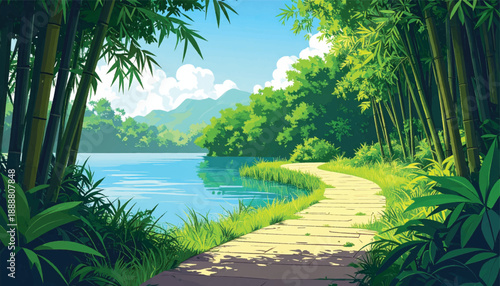 Bright bamboo lakeside path in colorful illustration. Serene forest walkway with vibrant nature atmosphere. Cheerful green landscape ideal for creative projects