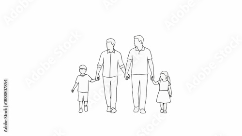 Two Fathers Holding Hands With Their Two Children Walking Together.
