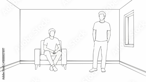 Two men in a room one sitting one standing line drawing.