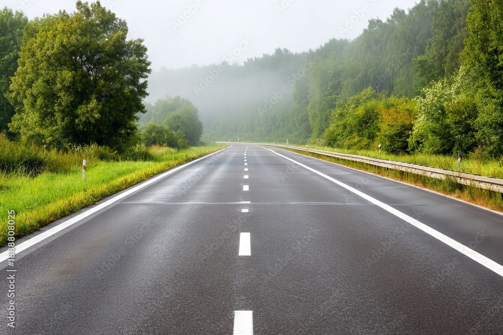 Obraz premium Mysterious Highway Disappearing into Dense Fog Ahead, Evoking a Sense of Adventure