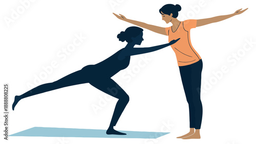 Woman helps friend with yoga pose on mat