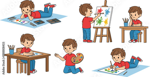 Cute cartoon boy painting and drawing set showing creative art activities, child artist illustration, kids creativity concept, preschool education, colorful flat vector design