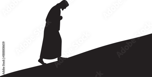 Pilgrim silhouette illustration walking uphill with hands clasped vector