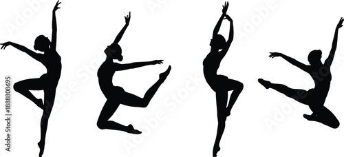 Silhouettes of dancers in expressive ballet and contemporary poses, highlighting grace, flexibility, and movement for dance training, performance art, and fitness illustration.