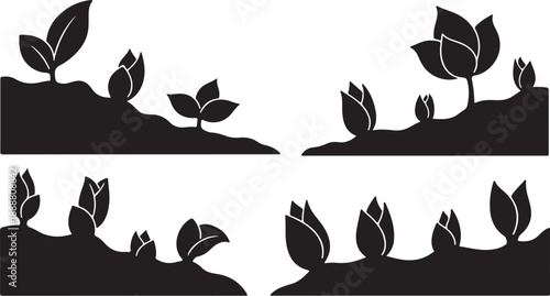 Sprouting seedlings growing in soil on white background illustration
