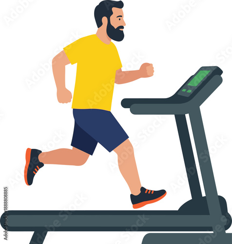Fitness illustration of a bearded man running on treadmill machine indoors, modern flat vector design representing healthy lifestyle, cardio workout, gym training, and active daily exercise routine