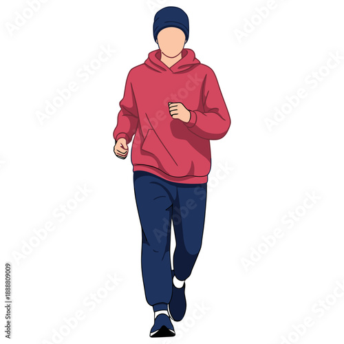 Person wearing a red hoodie and blue pants running forward with a dark blue beanie on their head jogging fitness sport athlete healthy lifestyle outdoors