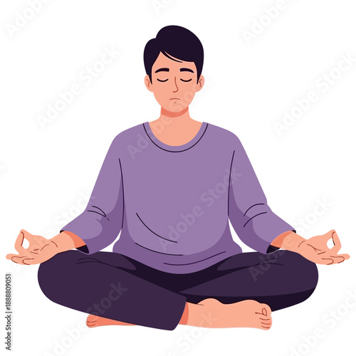 A young man with dark hair sits cross legged with eyes closed practicing meditation with hands resting on knees and fingers in a mudra pose yoga mindfulness