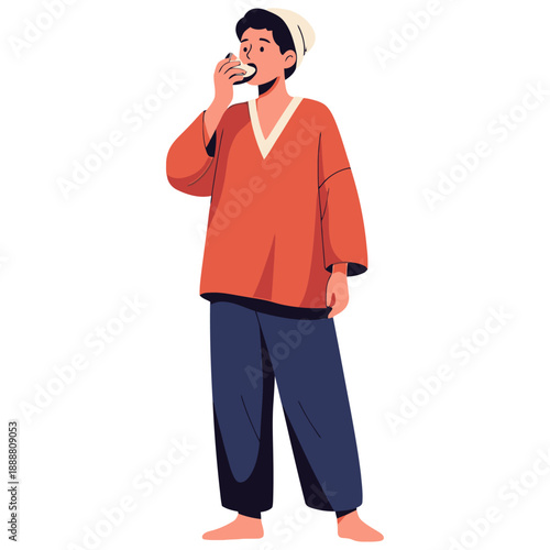 A person wearing a loose orange shirt blue pants and a white head covering eating a piece of food meal delicious snack fruit vegetable bite mouth hand