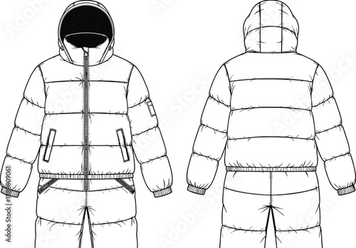 Front and back puffer jacket technical drawing with hood, detailed black and white fashion illustration for winter outerwear design, apparel development, and clothing production reference