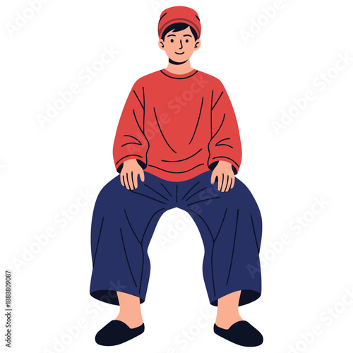 Flat illustration of a smiling young man wearing a red beanie red long sleeved shirt and blue pants while sitting with knees apart cartoon character casual