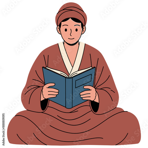 A person wearing a headwrap and robe sits cross legged and reads an open book with a calm expression depicted in a flat illustration style reading education