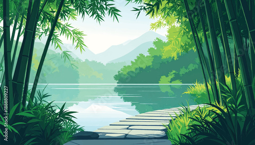 Bamboo path along peaceful river with scenic mountain view. Tranquil bamboo trail beside calm water with mountain backdrop. Bamboo forest pathway leading to serene river view.