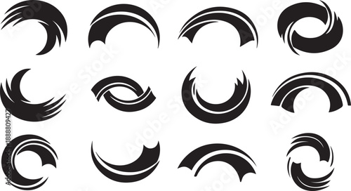 Collection of abstract black swirl shapes on white background