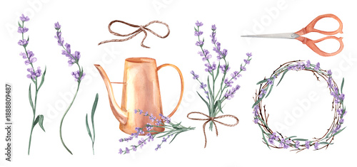 Watercolor set of illustrations featuring lavender,  watering can, and scissors. Hand-drawn gardening essentials