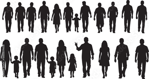Silhouettes of diverse families and people walking together outside