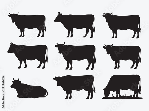 A comprehensive farm animals collection vector featuring black silhouette illustrations of dairy cattle, pigs, sheep, and poultry livestock for meat and milk production icons