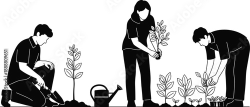 People planting trees and gardening together silhouette illustration, environmental conservation and teamwork concept, eco friendly lifestyle, sustainable nature care, black vector art isolated on 