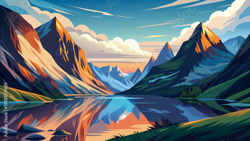 Very beautiful Scandinavian mountain fjord reflects towering peaks and tranquil waters in Norway, creating an artistic landscape that evokes freedom, harmony, and the raw power of untouched nature.