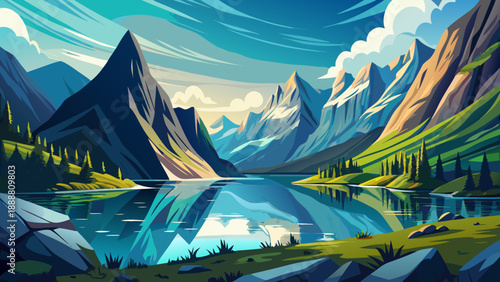 Very beautiful Scandinavian mountain fjord reflects towering peaks and tranquil waters in Norway, creating an artistic landscape that evokes freedom, harmony, and the raw power of untouched nature.