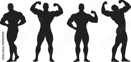 Silhouettes of muscular individuals in classic bodybuilding poses, showcasing strength, symmetry, and physique for fitness modeling, competition visuals, and gym training content.
