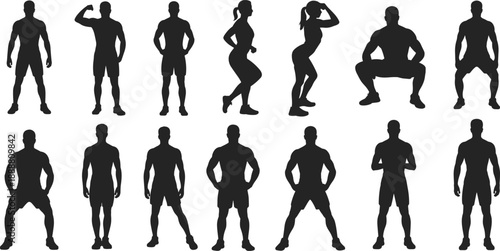 Silhouettes of male and female athletes in various fitness poses, showcasing strength, motion, and exercise form for gym training, wellness, and sports illustration.