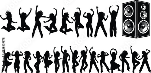 Party dance silhouettes set, large group of people dancing in expressive poses with big audio speaker, concert event performance vector illustration, isolated