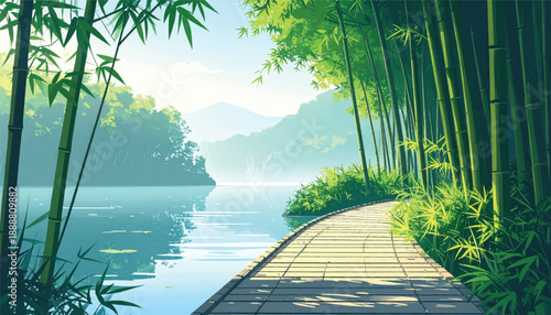 Tranquil bamboo walkway beside calm river, serene nature escape. Peaceful path through bamboo forest along reflective water. Bamboo path leading to tranquil river, perfect for relaxation.