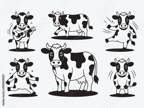 Set of cute cartoon vector cows and calves featuring happy dairy cattle and farm animals isolated on white for agriculture and milk illustration art