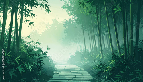 Misty bamboo trail leading through tranquil forest pathway. Foggy bamboo pathway amidst dense greenery, peaceful nature. Serene bamboo forest path in fog, perfect for quiet reflection