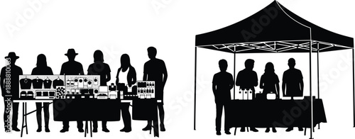 People shopping silhouettes set, customers with carts and bags, market stall vendors, street fair booth, retail business action poses, isolated vector graphics