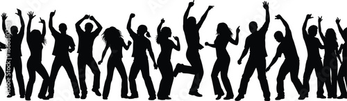People silhouettes dancing at a party or music festival, large crowd of diverse men and women celebrating together, energetic nightlife event vector,