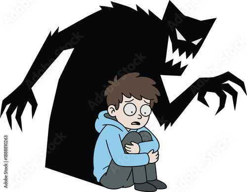 Scared child sitting alone with terrifying shadow monster behind him, symbolizing anxiety, fear, depression, trauma, and childhood mental health struggles illustration concept art