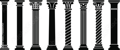 Set of classical architectural columns silhouettes featuring Doric Ionic Corinthian styles, decorative pillars isolated on white background, ancient architecture vector illustration design